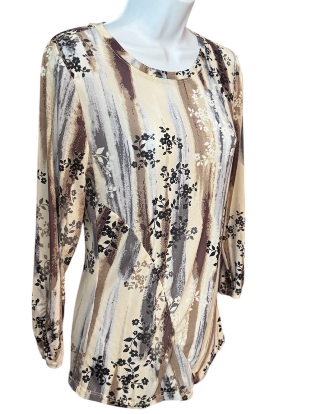 LOGO by Lori Goldstein Cream, Brown and Gray Brushstroke Floral Long Sleeve Top